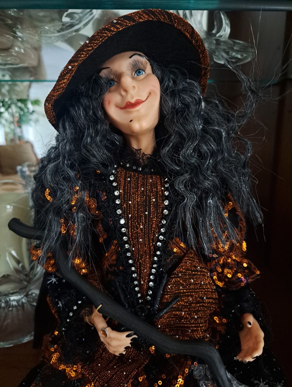 Witch Shelf Sitter Halloween Decor Glamour Orange & Black Embellished Large 31"